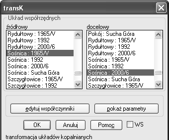 Dla kopalń należących do Kompanii Węglowej zdefiniowano współczynniki transformacji dla stosowanych w praktyce układów współrzędnych.