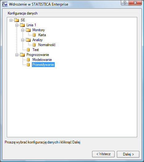 pojawi się okno Wdrożenie w STATISTICA Enterprise. Wybieramy w nim pozycję Nowa konfiguracja analizy, po czym naciskamy Dalej. Zauważmy, że do dyspozycji mamy jeszcze zapisanie modelu m.in.