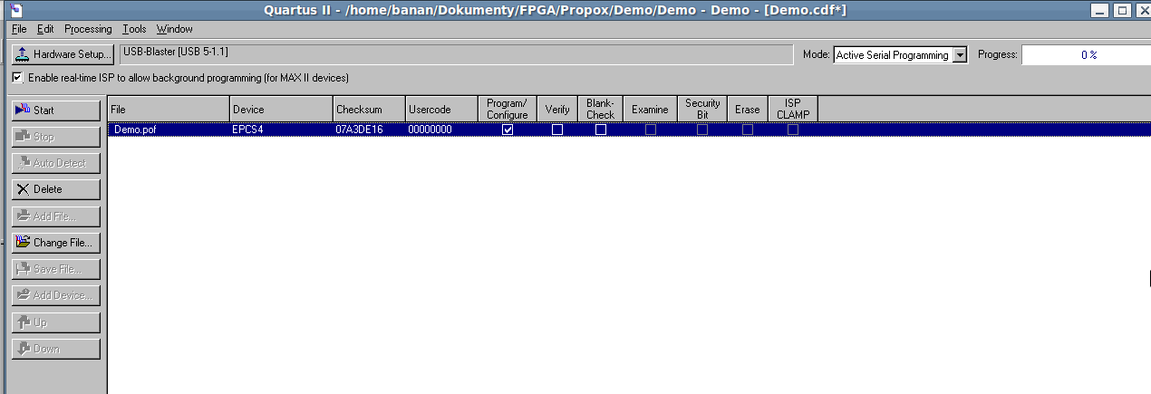 Kolejnym krokiem jest dodanie pliku przeznaczonego do programowania pamięci konfiguracyjnej. Klikamy Add File i wybieramy plik z folderu z naszego projektu z rozszerzeniem *.