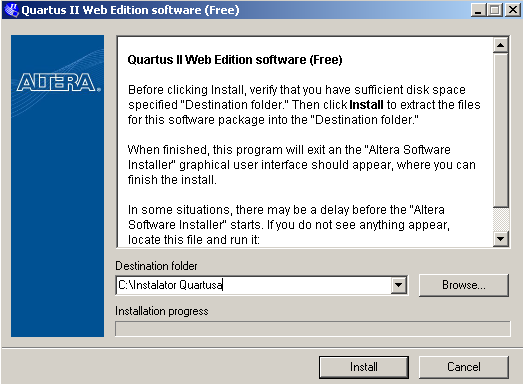 Producent zaleca instalację/pobieranie Quartus'a za pomocą Altera Download Menager. Po ściągnięciu należy wypakować program w dowolne miejsce.