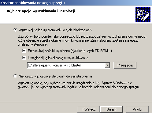 3. Instalacja programatora USB-Blaster Podłącz swój programator do wybranego gniazda USB. Windows automatycznie powinien wykryć nowy sprzęt.