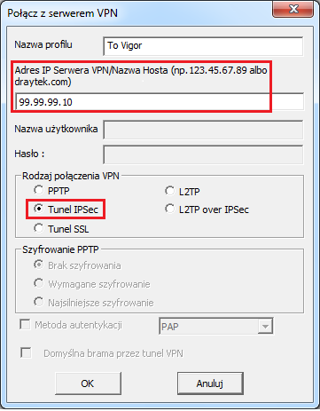 2. Konfiguracja klienta VPN Kliknij przycisk Wstaw Wypełnij dane dotyczące adresu serwera i typu VPN: w polu Nazwa profilu wpisz dowolną nazwę dla połączeni np. To Vigor.