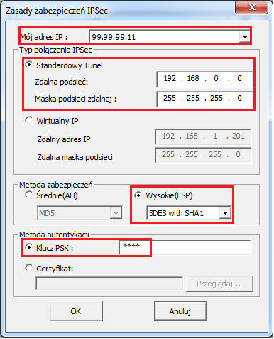 Wypełnij dane dotyczące zabezpieczeń IPSec: w polu Mój adres IP wybierz odpowiedni adres IP swojego komputera. W przykładzie 99.99.99.11.