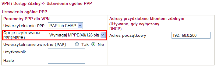 1. Konfiguracja serwera VPN Przejdź do zakładki VPN i Dostęp Zdalny>>Protokoły VPN i sprawdź (lub zaznacz) czy jest włączona obsługa protokołu PPTP.