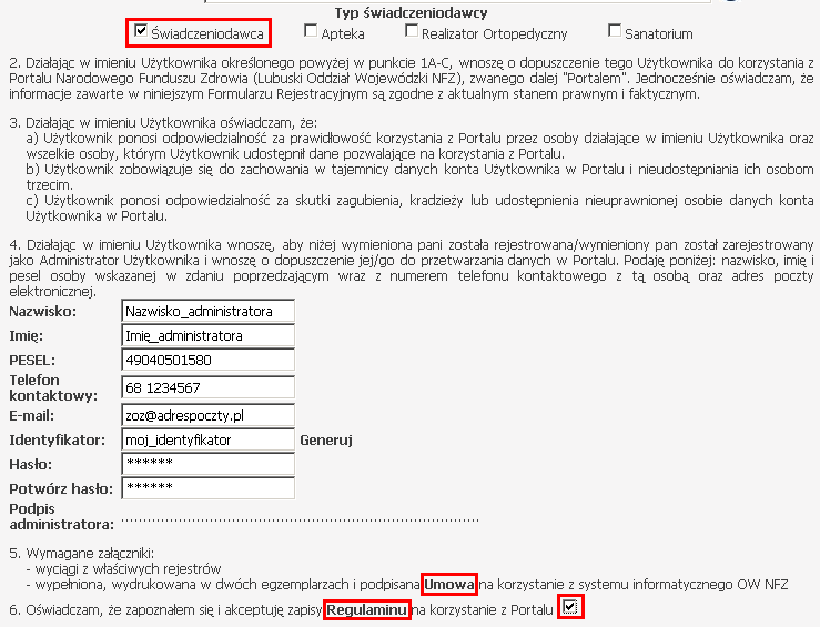 Zadaniem przycisku "Generuj" przy polu "Identyfikator" jest ułatwienie wyboru unikalnej nazwy Administratora.