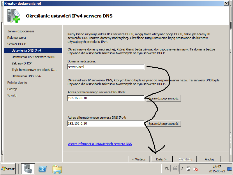 3. Wpisujemy Domenę nadrzędną, adres preferowanego serwera DNS IPv4.