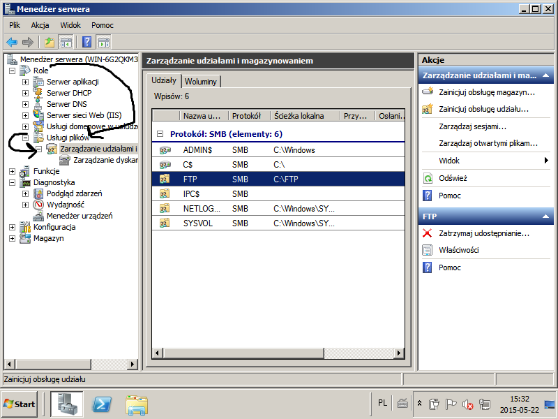 14. Wchodzimy w Menadżer serwera > Role > Usługa plików > Zarządzanie udziałami Sprawdzamy czy nasz FTP się tutaj znajduje.