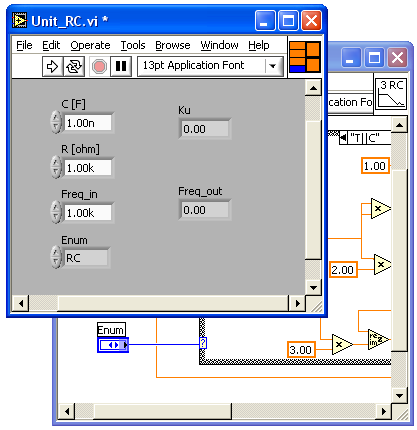Podprogram w LabView (analogia do języka C) Definicja funkcji w języku C: Void Unit_RC (DUT Enum, float Freq_in, float C, float R, double &Ku, double &Freq_out ) {.