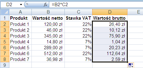 Rysunek 11. Formuła obliczająca wartość brutto W tym celu w komórkę D2 wprowadzamy odpowiednią formułę =B2*C2 i akceptujemy.