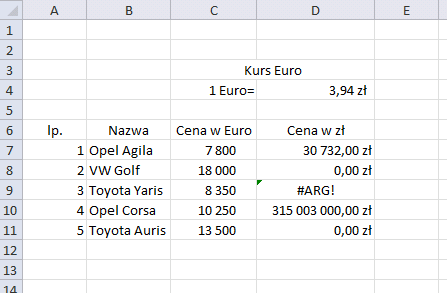 Adresy względne i bezwzględne Formułę z D7