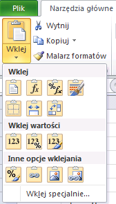 Kopiowanie formuł Karta Narzędzia główne grupa Schowek Polecenie Wklej Formatowanie formuł i liczb (O) Wklej(E) Wklej formuły (F) Bez obramowania (B) Zachowaj szerokość kolumn źródłowych (Z)