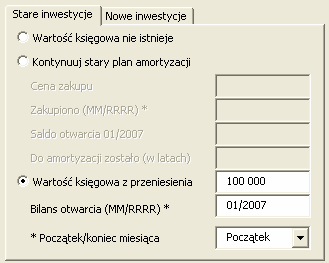 Kontynuuj stary plan amortyzacji / wartość księgowa z przeniesienia Moment zakupu Starej inwestycji może być uwzględniony w tabeli inwestycyjnej na początku lub na końcu miesiąca.