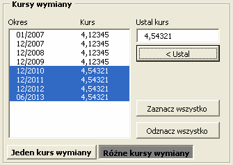 Na drugiej stronie w oknie dialogowym można określić kursy wymiany oraz opcje: zmiany formuł na wartości i blokowania pliku. Uwaga!