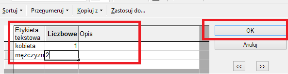 oraz stan cywilny. Po wybraniu opcji "Etykiety tekstowe" wprowadzamy stosowne etykiety.