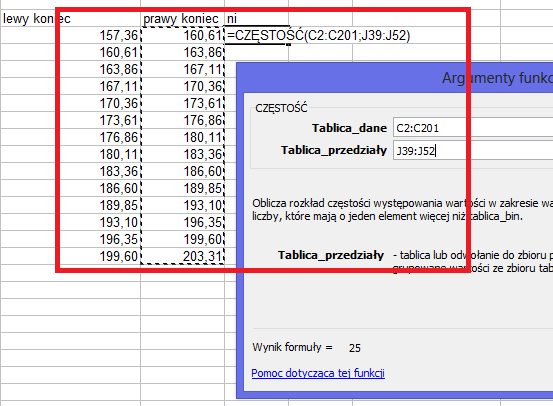 Po zliczeniu cz ¾estości wyznaczamy środki przedzia ów za pomoca¾ wzoru prawy + lewy x i = 2 i dalej post¾epujemy analogicznie