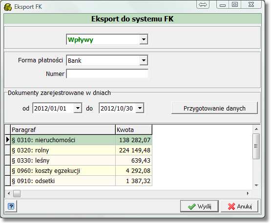 Export do systemu FK Dodano możliwość przekazywania do programu finansowo księgowego wpływów i
