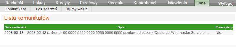 Rys. 53 Okno "Lista komunikatów". Aby przeczytać pełną treść komunikatu, należy kliknąć na opis komunikatu.