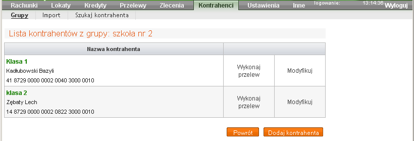 Przejście do okna Przelew dowolny (poprzez kliknięcie na tekst: Wykonaj przelew ) i automatyczne wypełnianie pól formularza przelewu danymi wybranego kontrahenta; Dodanie do grupy nowego kontrahenta