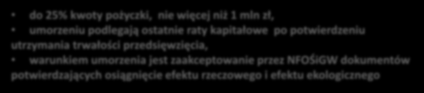 Racjonalna gospodarka odpadami Modernizacja stacji demontażu pojazdów Warunki dofinansowania intensywność do 75 % kosztów kwalifikowanych, oprocentowanie stałe 1% w skali roku, okres finansowania do