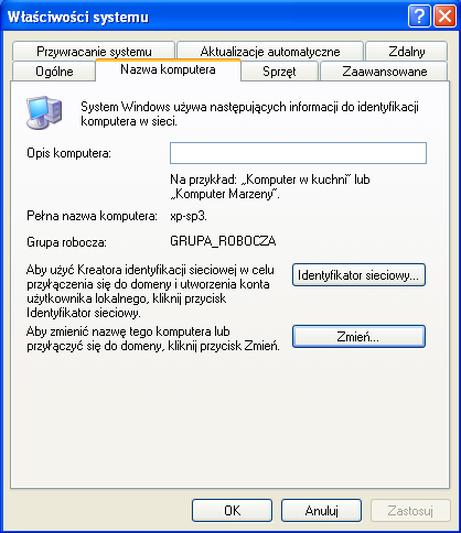 5. Przypisanie komputera klienckiego do domeny Otwórz maszynę wirtualną komputera klienckiego (Windows XP). Przydzielenie komputera klienckiego do domeny można zrobić na dwa sposoby: 1.