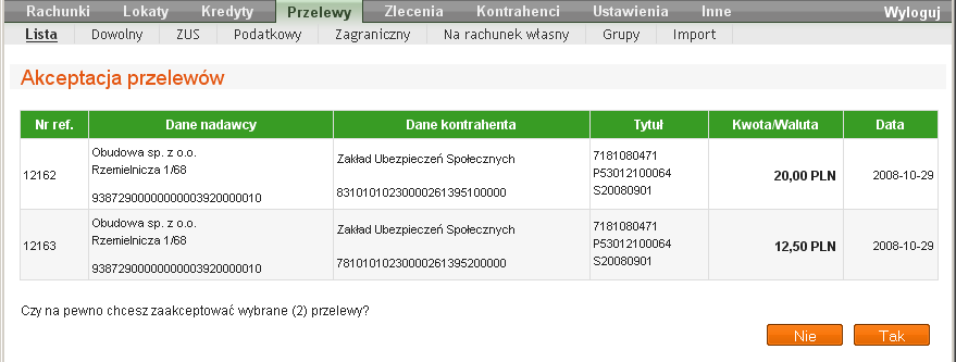 Serwis umoŝliwia rozłączność podpisywania i akceptacji przelewów (akceptacja i podpisywanie nie zaleŝą od siebie i nieistotna jest kolejność ich wykonywania), więc nie ma przeciwwskazań, aby przelewy