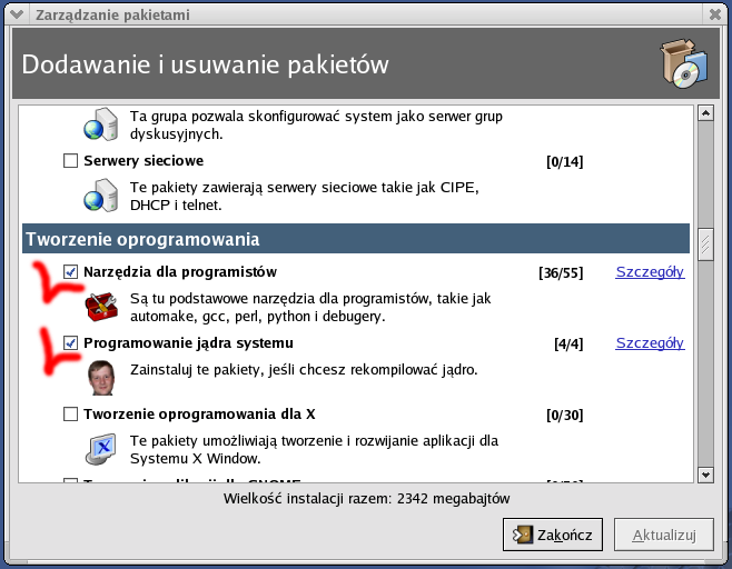 2. Konfiguracja systemu operacyjnego Linux Do przeprowadzenia instalacji modemu wymagane są następujące pakiety: kernel-source pakiet ze źródłem systemu operacyjnego gcc kompilator C++ Dla ułatwienia