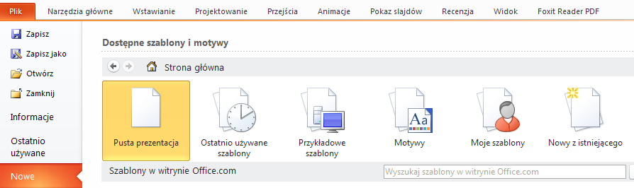 3 Wybór motywu/stylu graficznego prezentacji Po otworzeniu nowej prezentacji należy ustalić jej motyw graficzny.