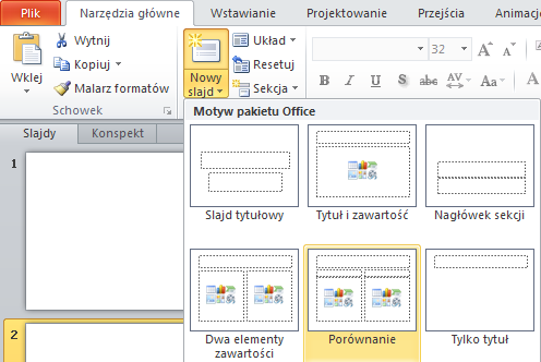 4 Dodawanie i usuwanie slajdów Aby dodać nowy slajd do prezentacji można użyć skrótu klawiszowego CTRL+M, który wstawi nwowy pusty slajd o takim samym układzie elementów jak slajd go poprzedzający.