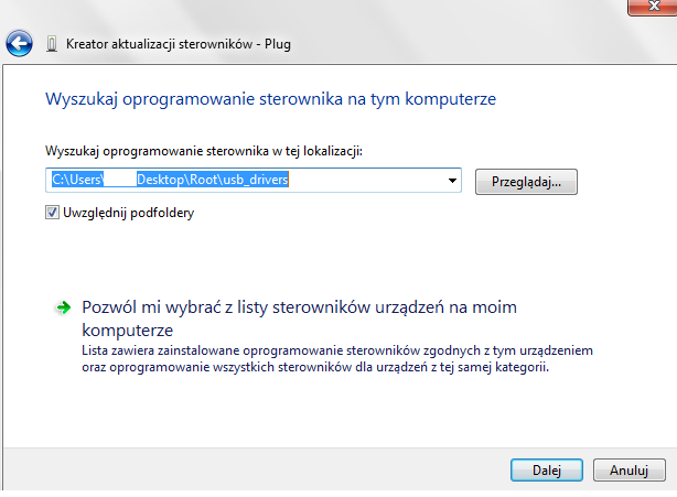 c) Z nowo otwartego okna wybierz pozycję Przeglądaj mój komputer w poszukiwaniu oprogramowania sterownika, d) Kliknij w przycisk Przeglądaj