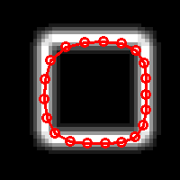 obraz oryginalny Wpływ parametru kontur początkowy (20 punktów) na tle obrazy amplitudy gradientu kontur po 30 iteracjach, =0.3, w edge =0.