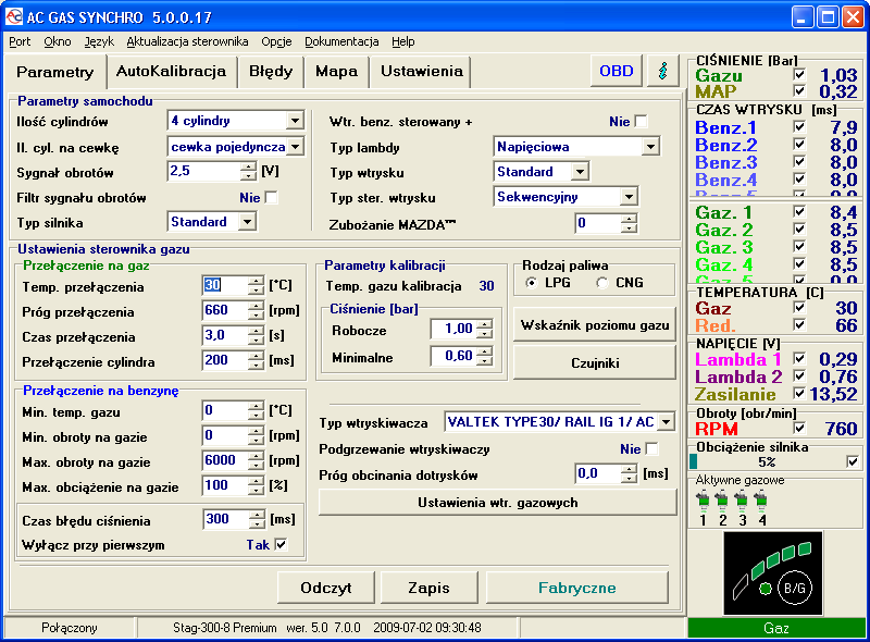 Rysunek 7 Widok okna parametry W przypadku, gdy sterownik zgłasza komunikat Brak sterownika gazu i w lewym dolnym rogu wyświetlany jest napis brak połączenia należy wybrad inny port z menu port u