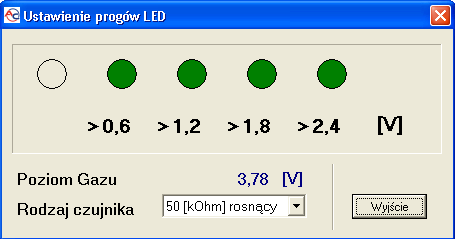 Rysunek 14 Ustawianie progów LED W oknie tym ustawiamy napięcia, przy których nastąpi zapalenie poszczególnych diod LED. Wybieramy także rodzaj czujnika poziomu gazu.