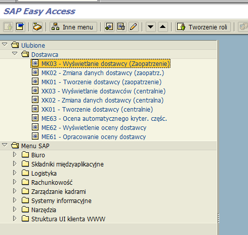 Organizacja menu: Ulubione (Favorites) W trakcie zajęć z systemem SAP