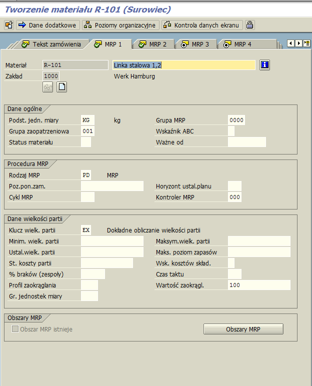 Tworzenie materiału MM01 MRP1 W tej zakładce przypisujemy parametry sterujące MRP (Planowaniem dla materiału).