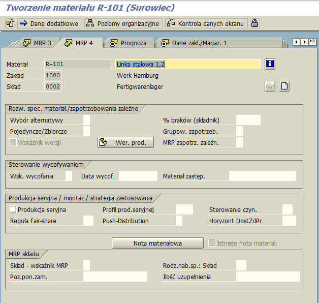 Tworzenie materiału MM01 MRP4 W tej zakładce przypisujemy parametry sterujące MRP dla: 1.