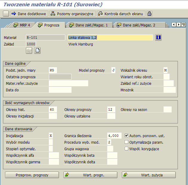 Tworzenie materiału MM01 Prognoza 1 2 3 4 5 6 W tej zakładce przypisujemy parametry sterujące dla prognozy materiałowej. Uzupełniamy następujące pola: 1. Model prognozy - J 2.