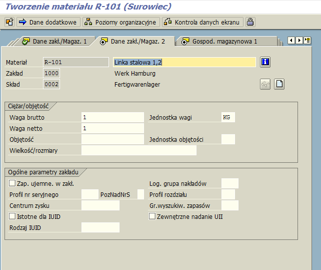 Tworzenie materiału MM01 Dane zakładu / Magazyn 2 1 W tej zakładce przypisujemy