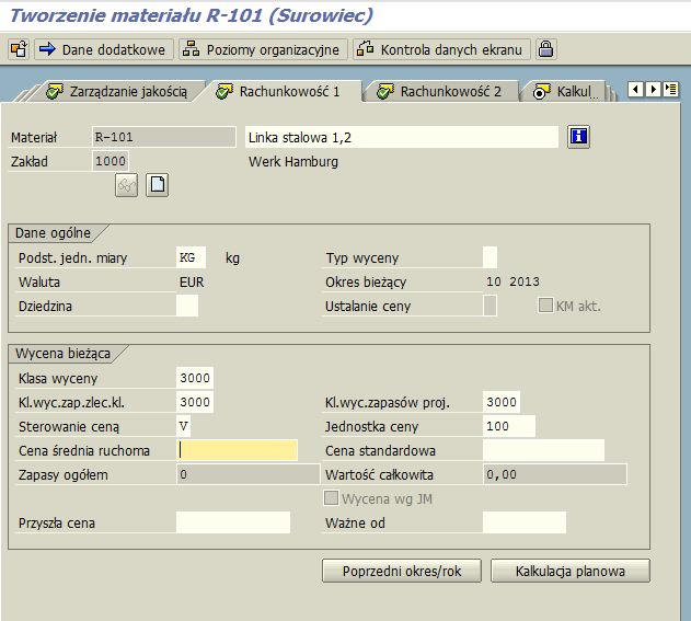 Tworzenie materiału MM01 Rachunkowość 1 W tej zakładce definiujemy dane dotyczące wyceny materiału.