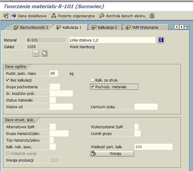 Tworzenie materiału MM01 Kalkulacja 1 W tej zakładce definiujemy dane dotyczące kalkulacji materiałowej dla materiału. Dla materiałów zakupowych uzupełniamy następujące pola: 1 3 2 1.