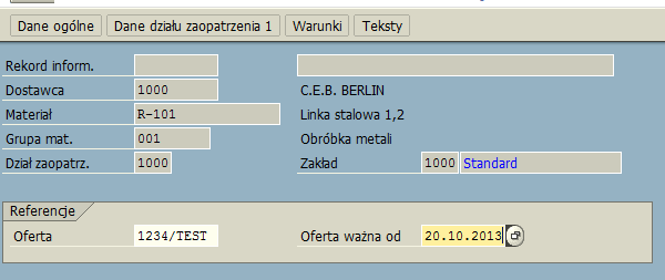 Tworzenie rekordu informacyjnego Dane działu zaopatrzenia 2 W tej zakładce wyświetlane są ogólne dane dotyczące oferty dostawcy dla materiału.