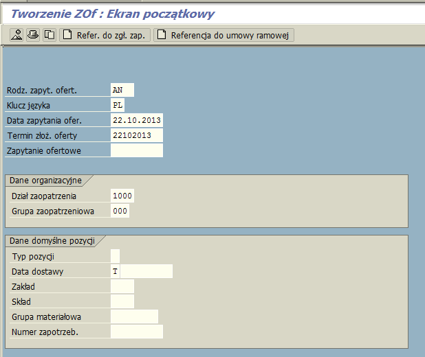 Tworzenie Zapytania ofertowego ME41 1. Tworzenie zapytania ofertowego w referencji do zgłoszenia zapotrzebowania. 1. Wybieramy rodzaj zapytania ofert. AN. 5. 1. 3. 4. 2.