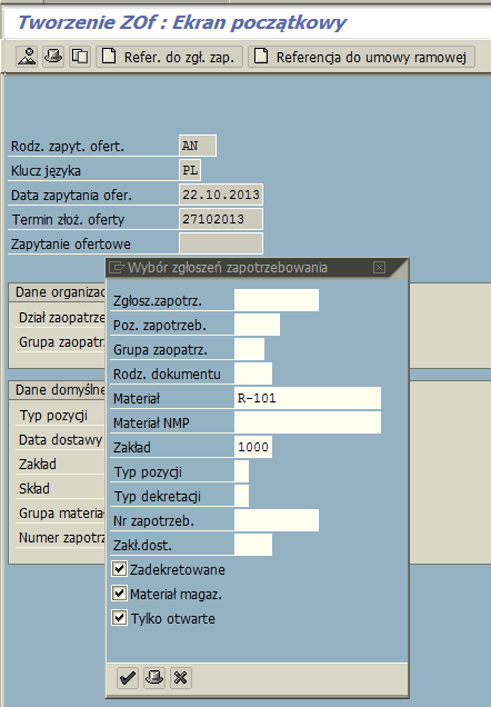 Tworzenie Zapytania ofertowego ME41 1. Wybieramy numer materiału.