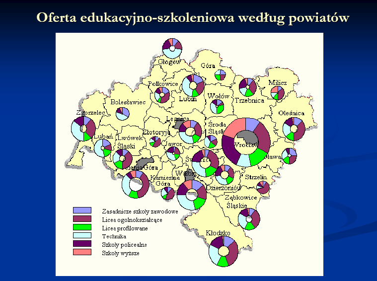 Rysunek 3.8. Oferta edukacyjno-szkoleniowa według powiatów 2008 na Dolnym Śląsku Źródło:http://www.wiedzaplus2.ae.wroc.