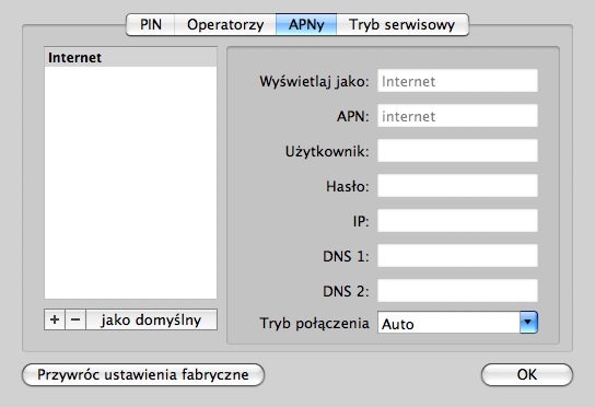Zarządzanie APN Proszę wybrać ikonę Preferencje, zakładka APNy. Dodawanie nowego APN dostępne jest po kliknięciu +. Po tej akcji należy wypełnić pola ze szczegółami nowego APN po prawej stronie.