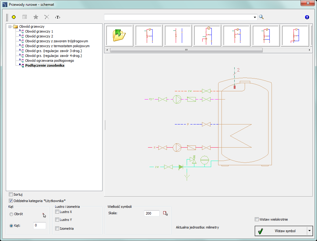 CADprofi HVAC & Piping: Gotowe schematy Gotowe schematy Polecenie Schematy pozwala na wstawienie gotowych schematów lub typowych fragmentów schematów, np.