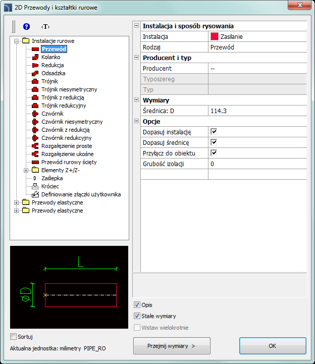 CADprofi HVAC & Piping: 2D Przewody i kształtki Okno dialogowe 2D Przewody i kształtki rurowe Okno dialogowe 2D Przewody rurowe/kanały wentylacyjne zawiera: Drzewo kategorii zawiera listę dostępnych