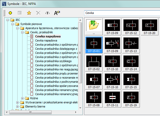 CADprofi Electrical: Praca z symbolami ogólne zasady Wyszukiwanie symboli W każdym oknie dialogowym służącym do wstawiania symboli dostępna jest opcja wyszukiwania, dzięki której możliwe jest szybkie
