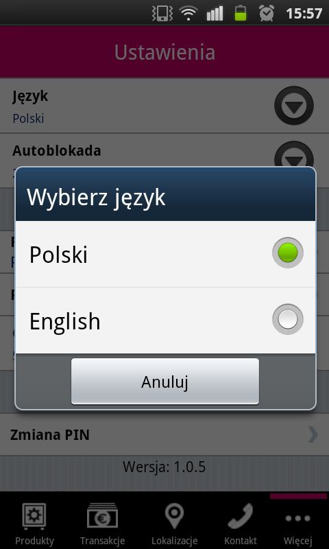 KORZYSTANIE Z APLIKACJI FUNKCJONALNOŚĆI APLIKACJI MOBILNEJ DLA PRZEDSIĘBIORSTW I. Ustawienia Język Dostępne opcje wyboru język polski oraz język angielski.