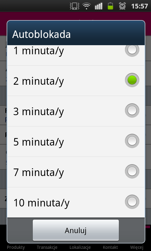 Po upływie wybranego czasu w przypadku braku aktywności aplikacja będzie zamykana, a ponowne uruchomienie wymagało będzie podania PINu.