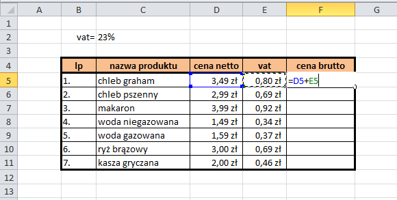 Rysunek 4. Ćwiczenie 3 - wprowadzanie formuły do obliczenia VAT Wprowadź odpowiednią formułę w komórce F5 do obliczenia ceny brutto i przekopiuj ją do pozostałych komórek. Rysunek 5.